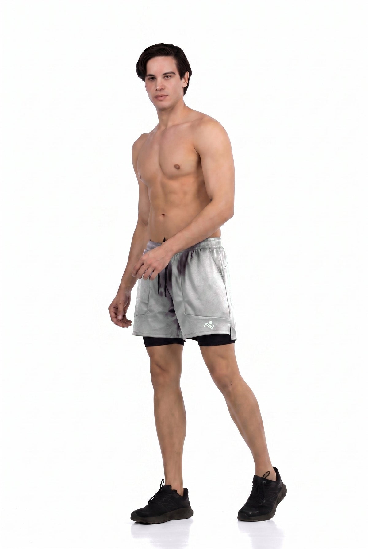 Side Pocket Loose Fit Shorts in Grey, front view on model, Ascendia