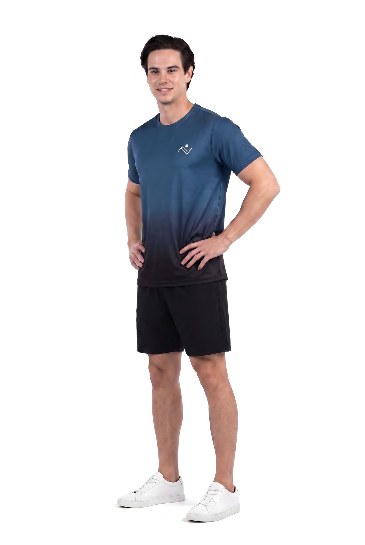 Men's Gradient Training T-Shirt in Blue Black Ombre, three-quarter view on male model, Ascendia
