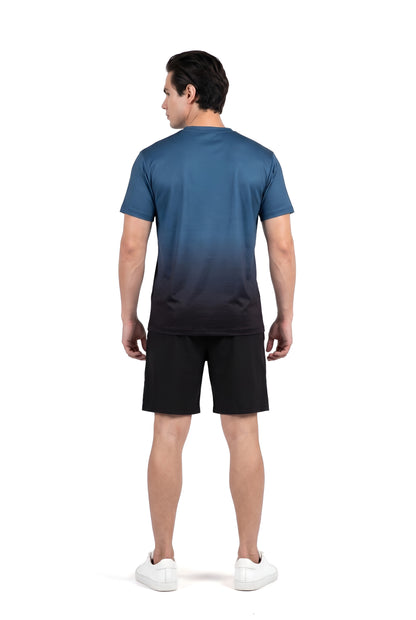 Men's Gradient Training T-Shirt in Blue Black Ombre, back view on male model, Ascendia