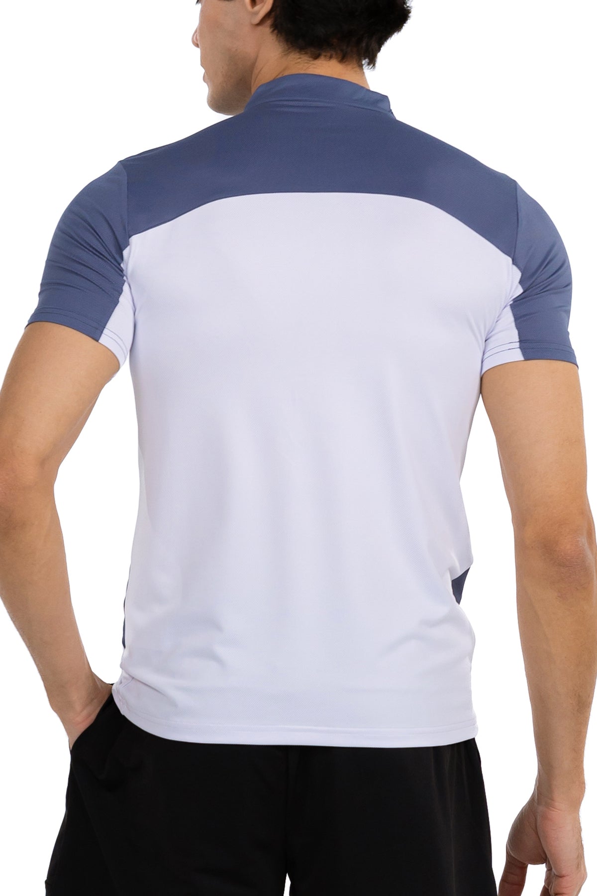 Men's Quarter-Zip T-Shirt in White & Slate Blue, back view on model, Ascendia