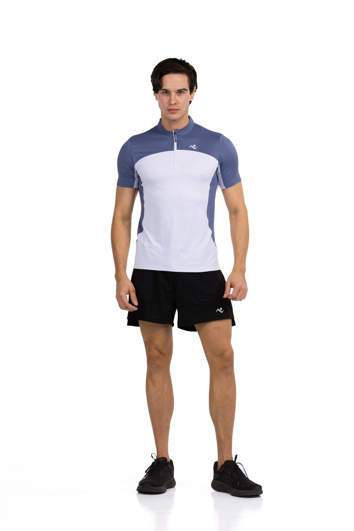 Men's Quarter-Zip T-Shirt in White & Slate Blue, full-length front view on model, Ascendia