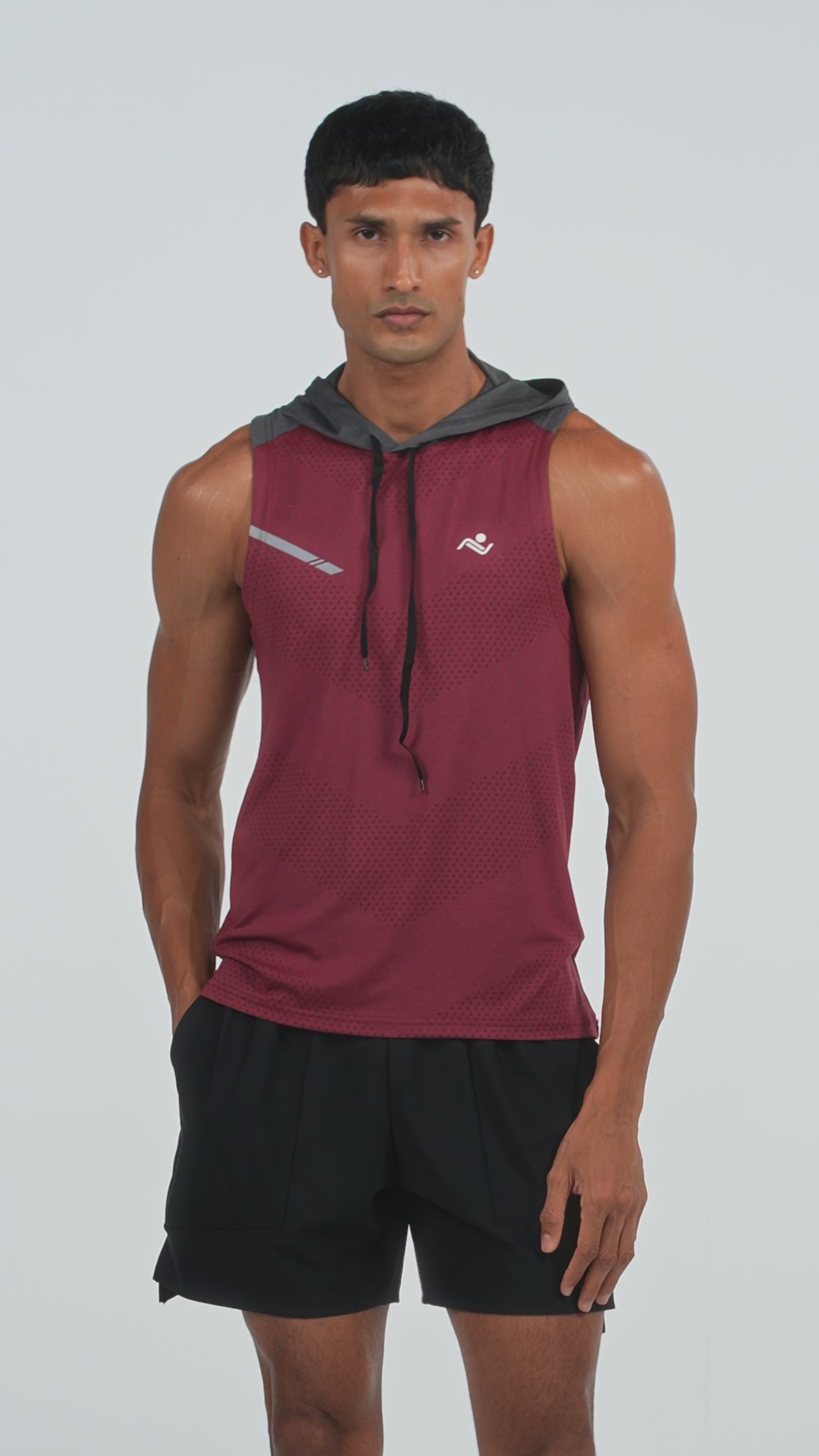 Sleeveless Workout Hoodie in Maroon, video, Ascendia