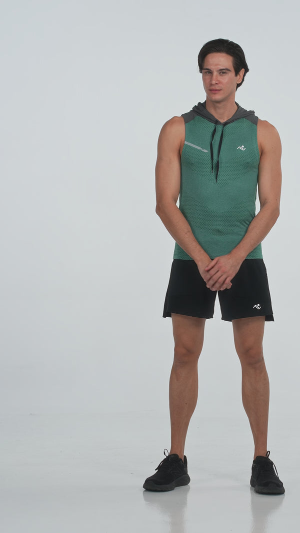 Sleeveless Workout Hoodie in Maroon and Jade, two models, video, Ascendia