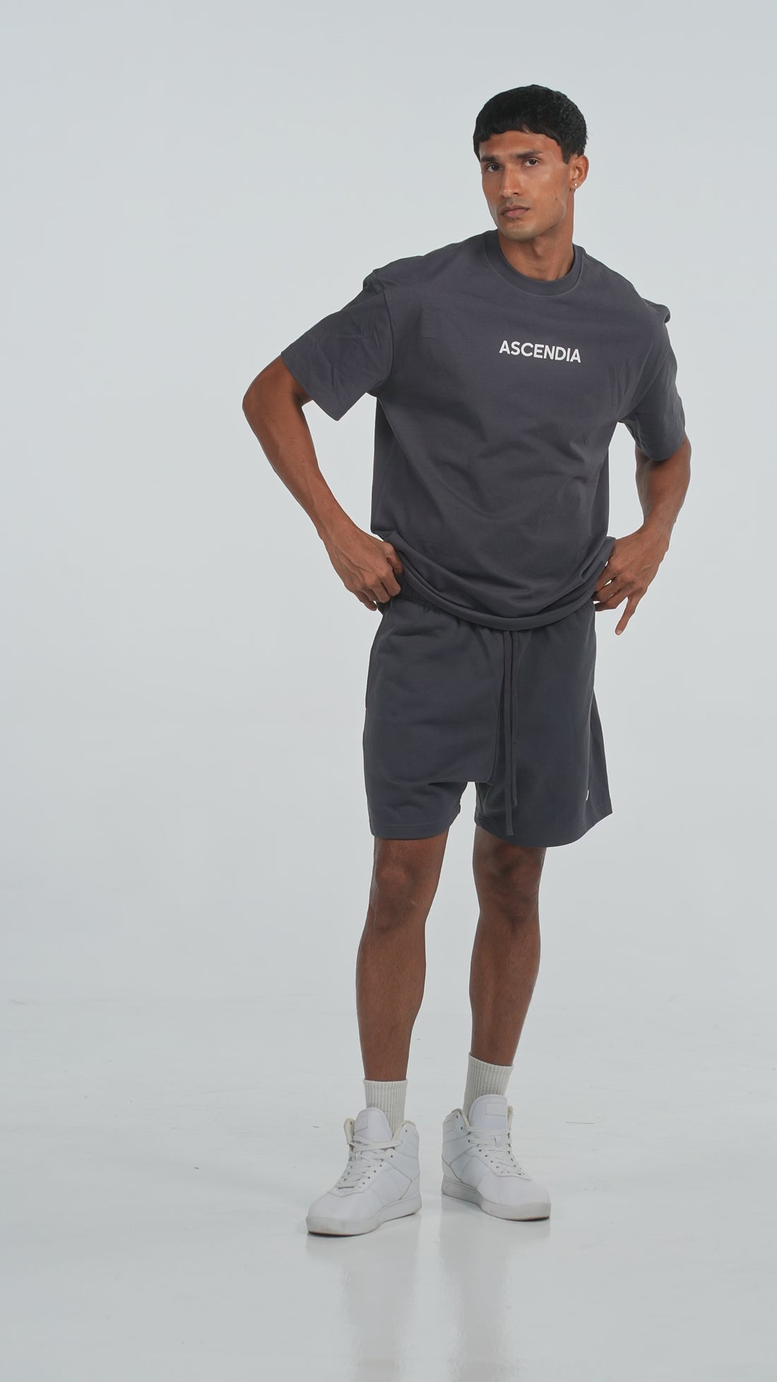 Workout Tee & Short Set in Charcoal, video on male model, Ascendia