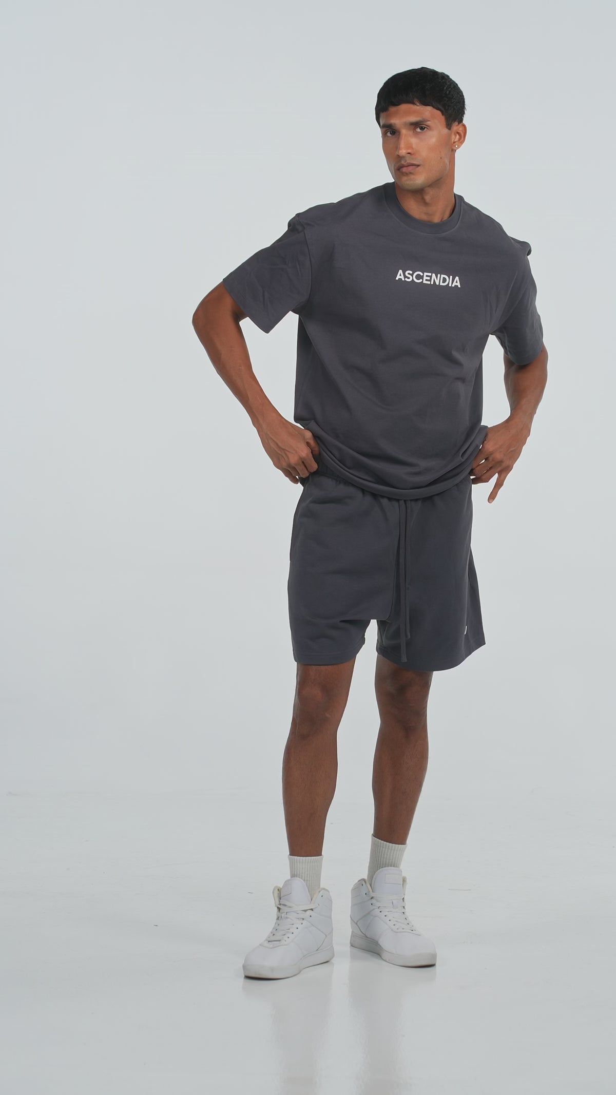 Workout Tee & Short Set in Charcoal, video on male model, Ascendia