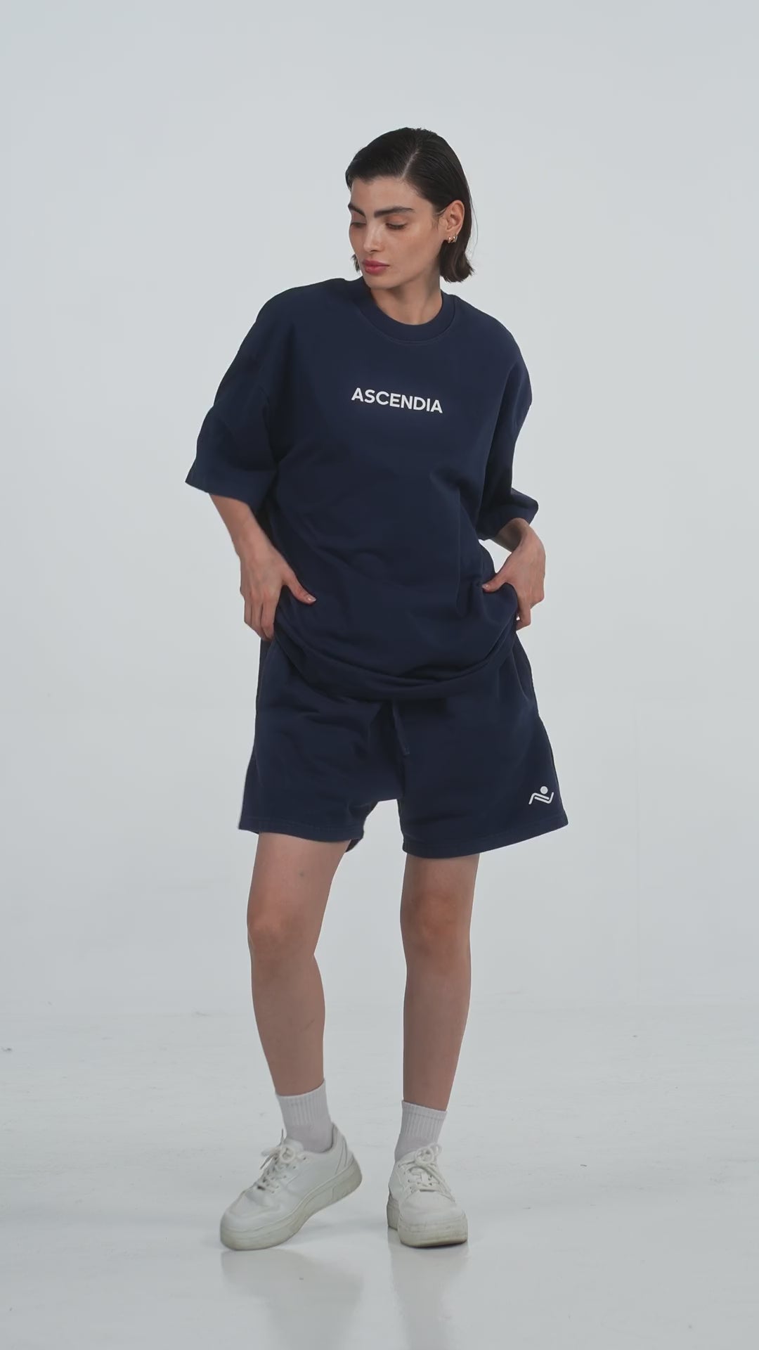 Workout Tee & Short Set in Navy, video on female model, Ascendia