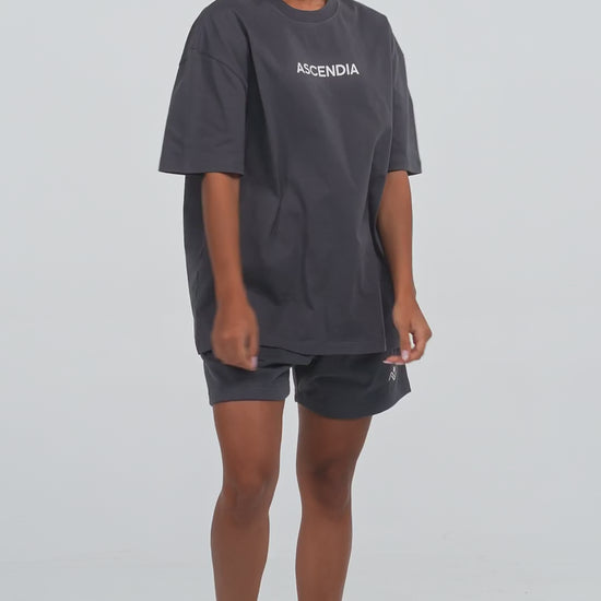 Workout Tee & Short Set in Charcoal, video on female model, Ascendia