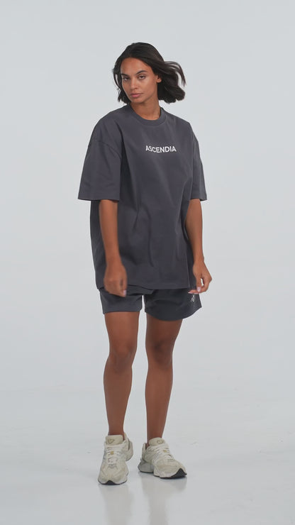 Workout Tee & Short Set in Charcoal, video on female model, Ascendia