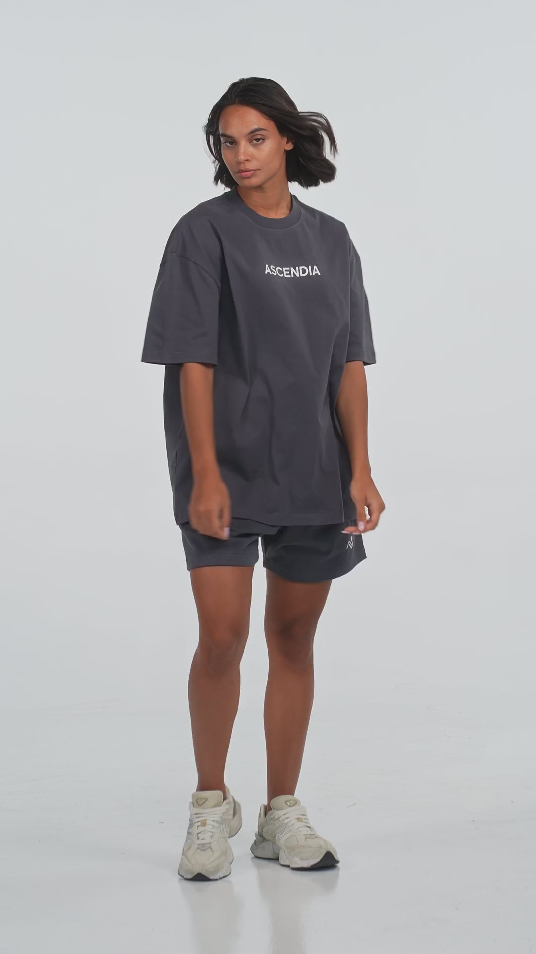 Workout Tee & Short Set in Charcoal, video on female model, Ascendia