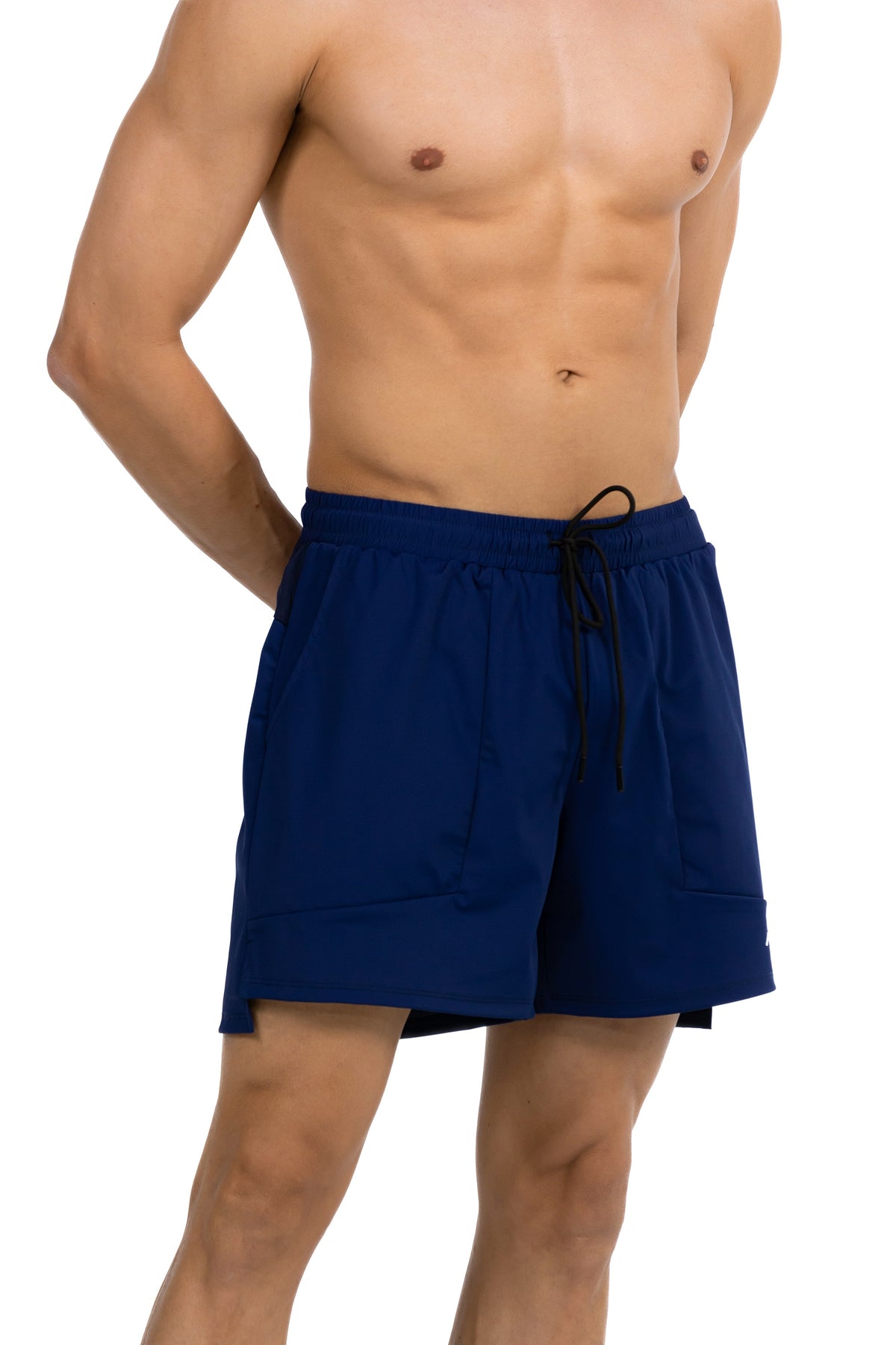 Side Pocket Loose Fit Shorts in Midnight Navy, front view on model, Ascendia