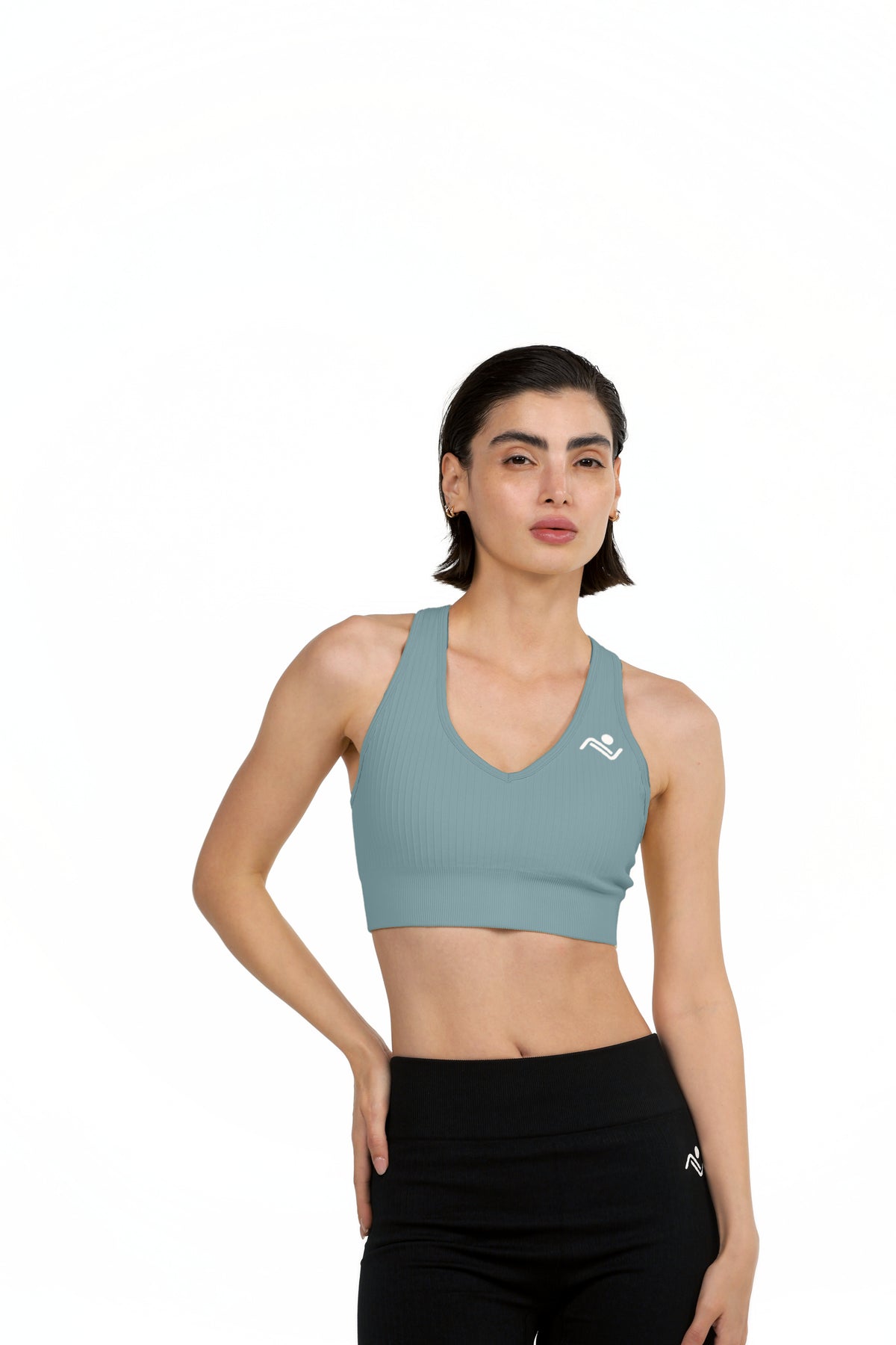 ProFit Athletic Bra in Blue Grey, front view on model, Ascendia