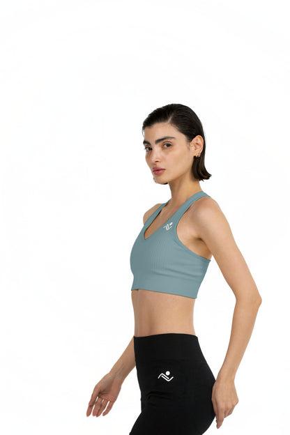 ProFit Athletic Bra in Blue Grey, three-quarter front view on model, Ascendia