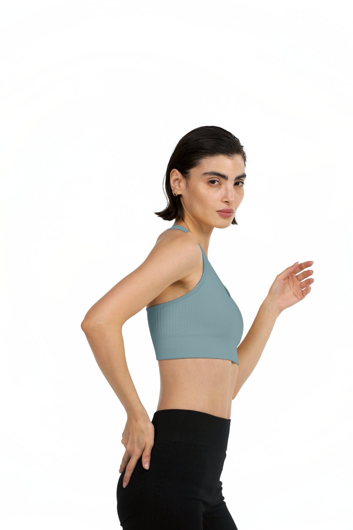 ProFit Athletic Bra in Blue Grey, side profile view on model, Ascendia