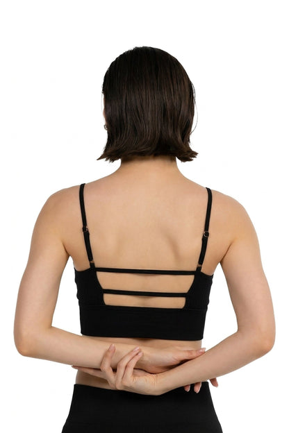 Ribbed Longline Bra in Black, back view showing the open back with strap details, Ascendia
