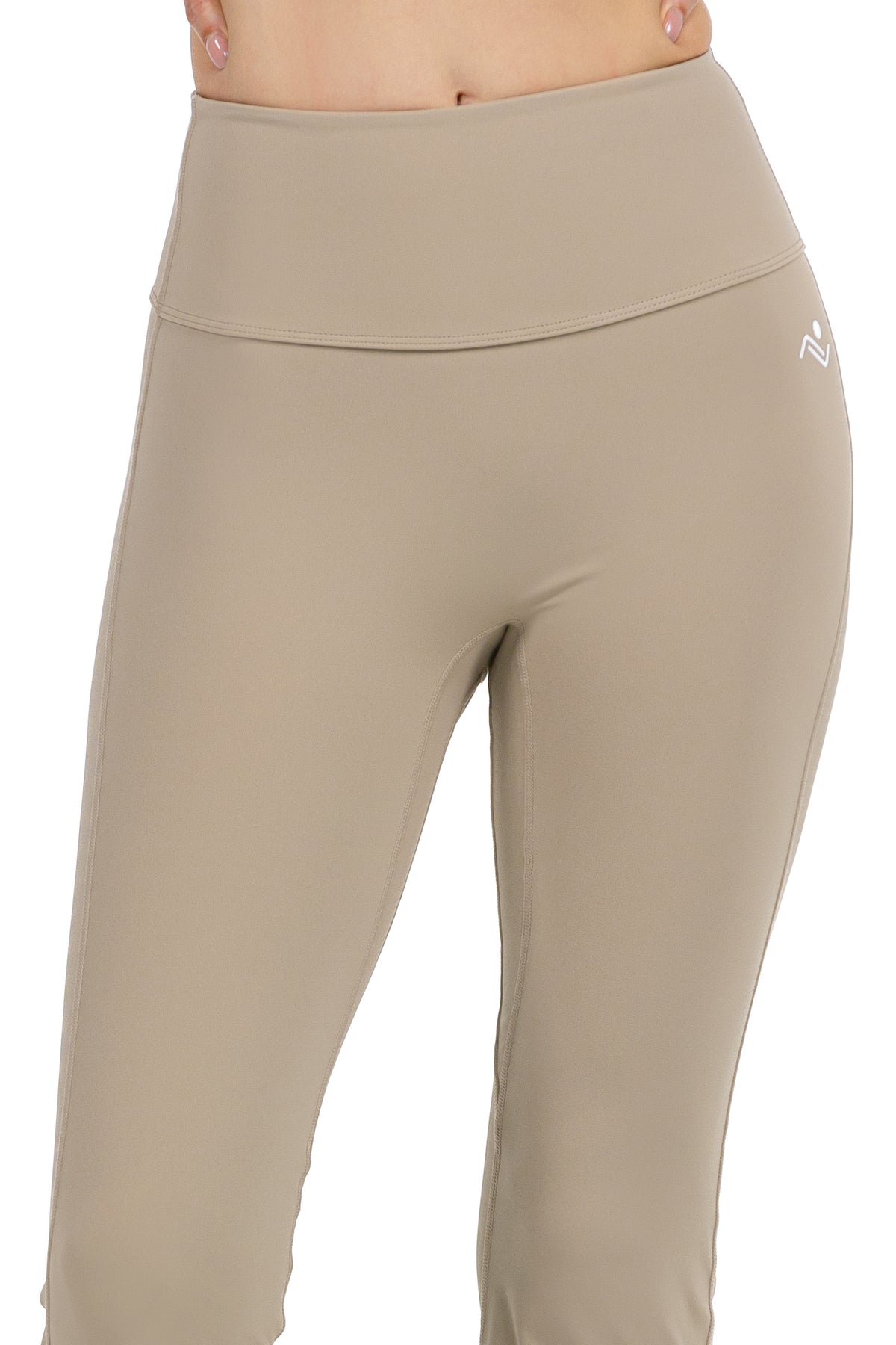 Flare Fit Yoga Pants in Taupe, close view of the high waistband and the Ascendia logo on the hip, Ascendia