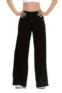 Low Fit Cotton Yoga Pants in Black, full-length front view showing the drawcord waist and wide leg, Ascendia