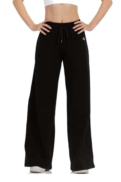 Low Fit Cotton Yoga Pants in Black, full-length front view showing the drawcord waist and wide leg, Ascendia