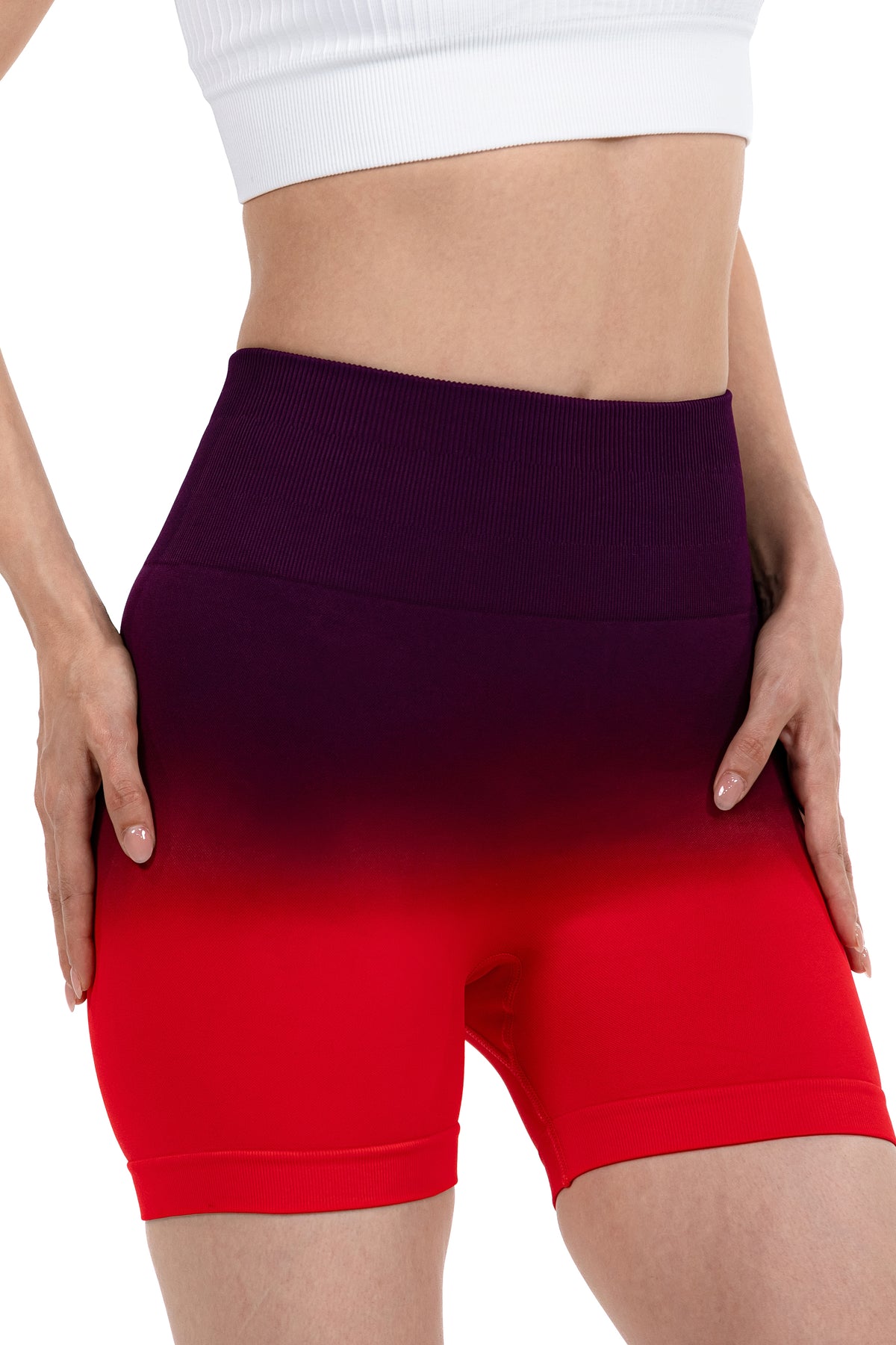 High-Waist Scrunch Butt Shorts in Plum Red Ombre, three-quarter view on model, Ascendia