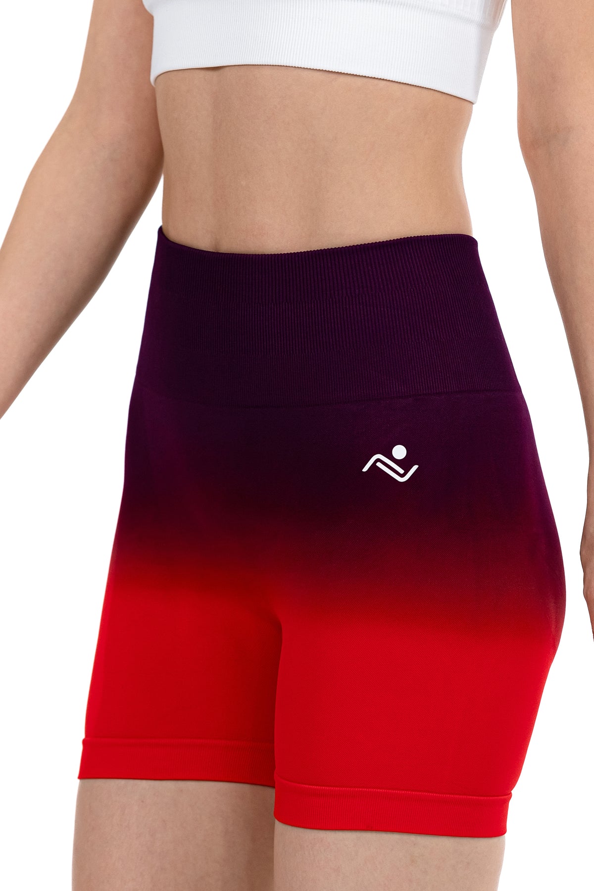 High-Waist Scrunch Butt Shorts in Plum Red Ombre, front view showing the hip logo, Ascendia