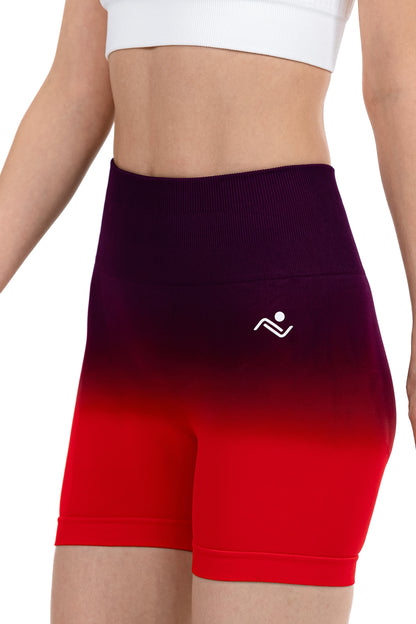 High-Waist Scrunch Butt Shorts in Plum Red Ombre, front view showing the hip logo, Ascendia