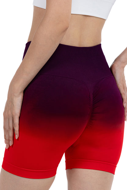 High-Waist Scrunch Butt Shorts in Plum Red Ombre, back view showing the scrunch seat, Ascendia