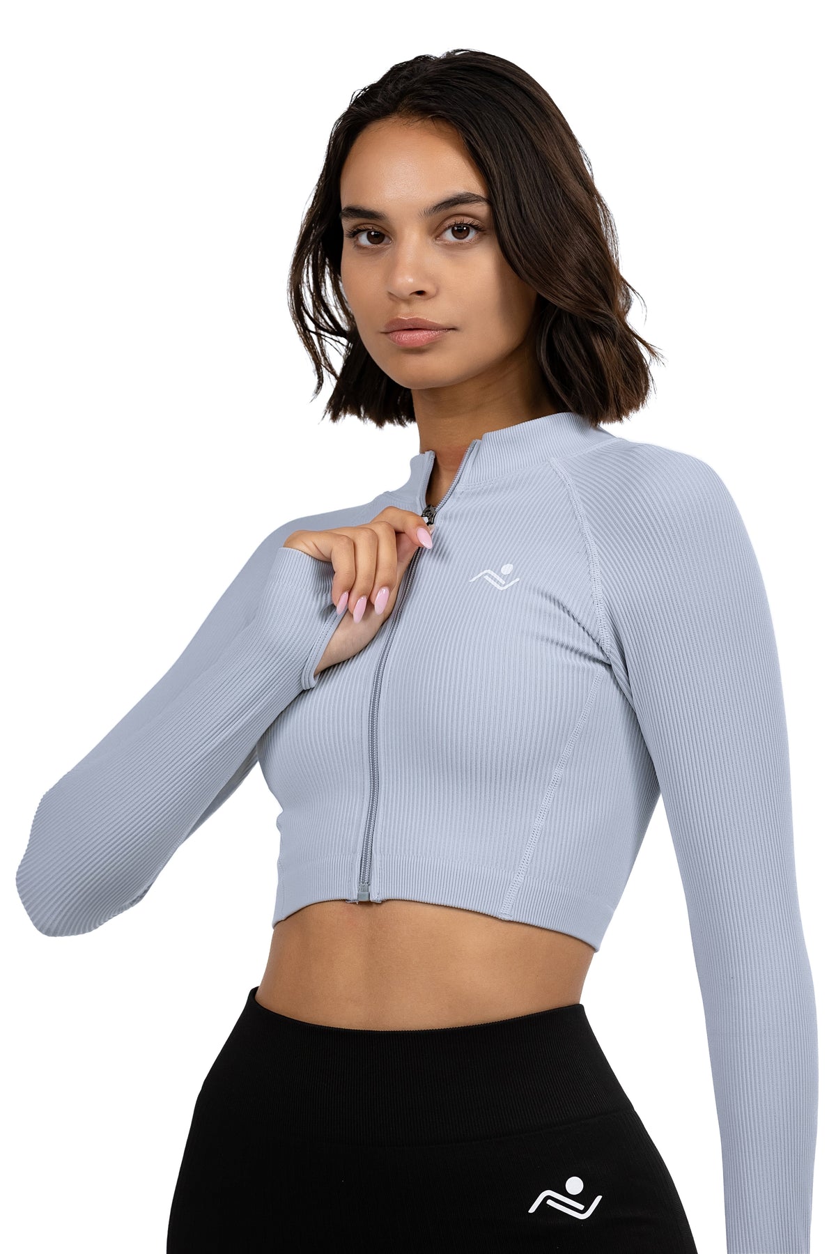 Seamless V-Cut Training Top in Ice Blue, three-quarter view on model, Ascendia